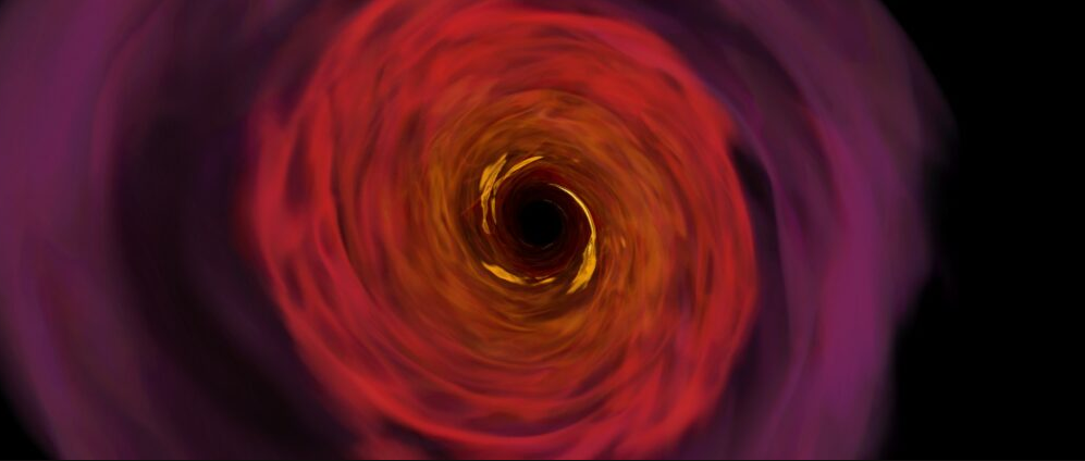 Volume rendering of a simulation of black hole accretion. Image credit: Weih, L.